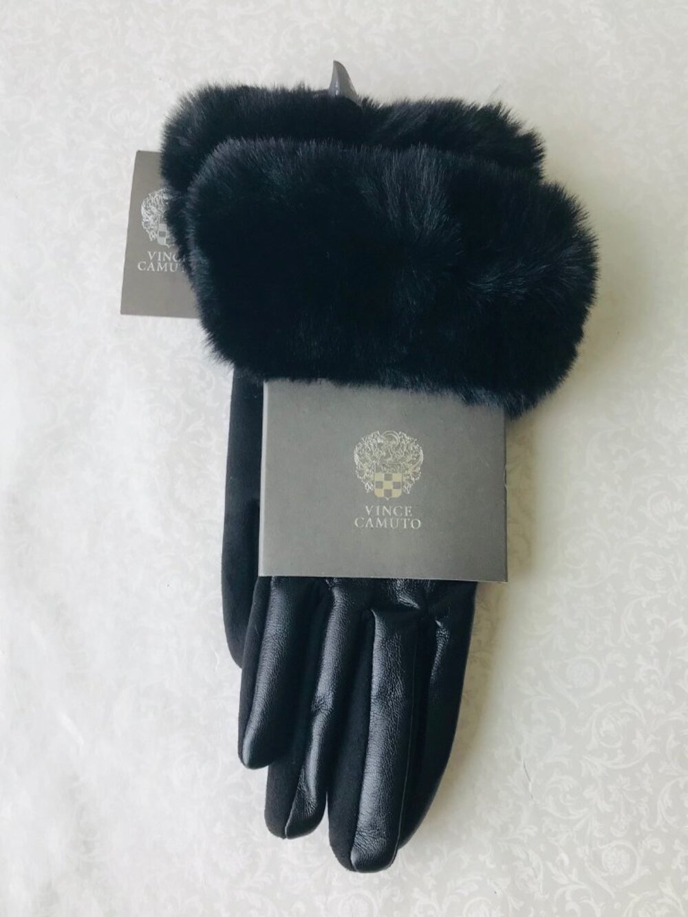 VINCE CAMUTO Faux Leather , Faux  Fur Trim Gloves Black